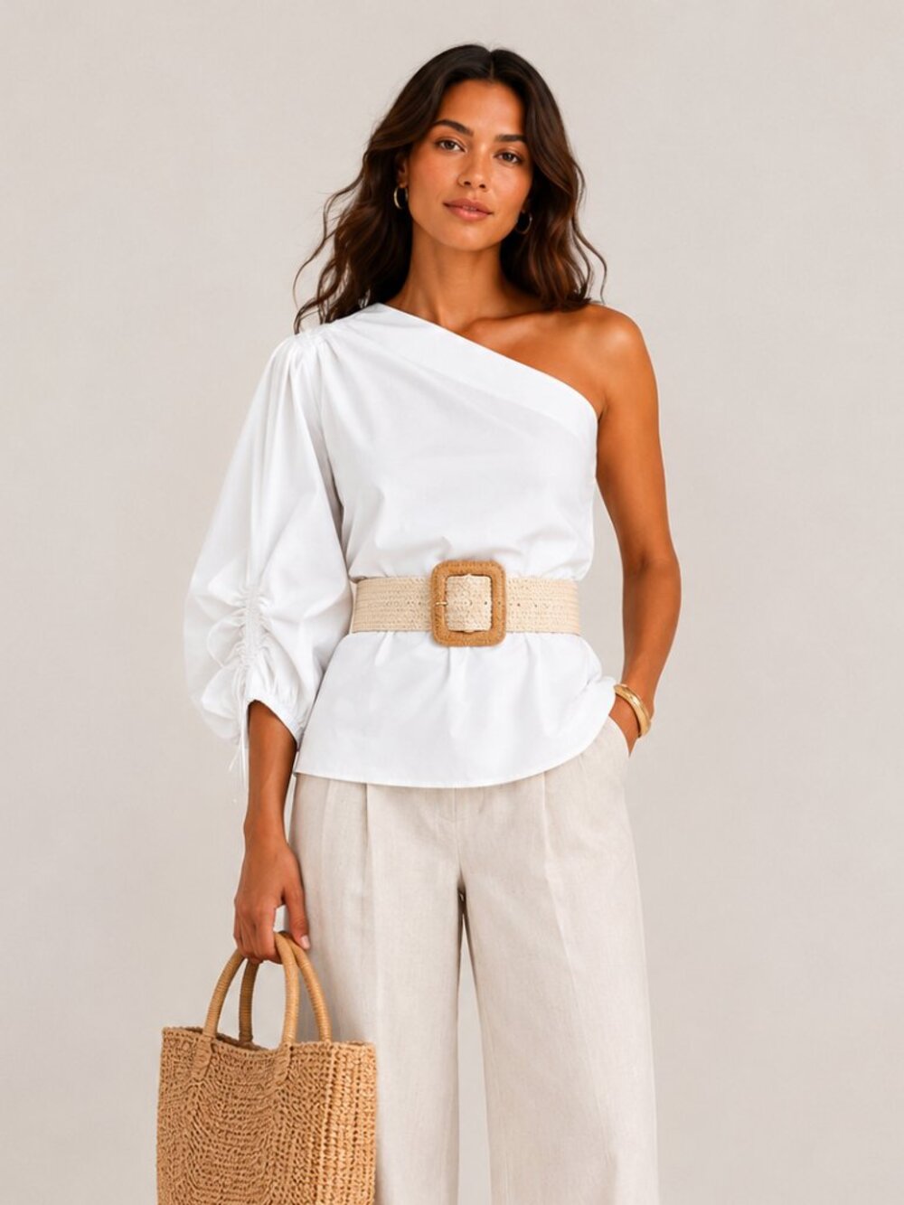 Natori White One-Shoulder Poplin Balloon Sleeve Blouse